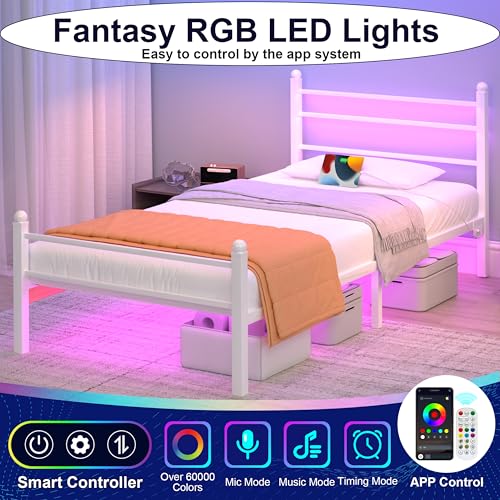 J.Fkne Twin Bed Frame with LED Lights & Charging Station, Metal Platform Bed with Headboard, Heavy Duty Metal Slats, No Box Spring Needed, Noise Free, Easy Assembly, White - size: Twin, style: Classic White