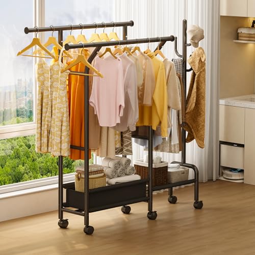 Homeiju Heavy Duty Clothes Rack Load 500LBS, Three Rods Clothing Racks for Hanging Clothes Extendable, Rolling Garment Rack with Sturdy Wheels, Basket, Storage Shelves, Black - color: Black