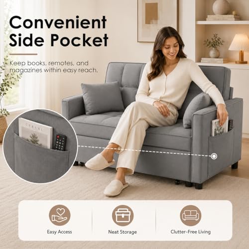 55" Pull Out Sleeper Sofa, Velvet Loveseat with Side Pockets, Grey | Velvet upholstery, 5-level adjustable back, Pull-out bed design, Sturdy frame with side pockets - color: Grey