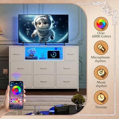 WLIVE LED Dresser TV Stand for 55 Inch TV, 8 Drawers, White | Fits TVs up to 55 inch, 8 fabric drawers, LED chest of drawers, Built-in power outlet, Living room or bedroom - color: White