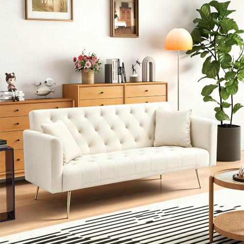Anwick 72''Modern Velvet Sofa Bed Futon,Convertible Folding Sleeper Couches with 3 Adjustable Backrests,Tufted Recliner Loveseat with Golden Chrome Legs for Living Room Apartment Office (Beige) - color: Beige