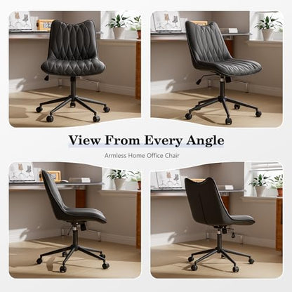 Armless Office Chair, Swivel Rolling Leather Desk Chair, Brown | Waterproof Upholstery, Padded Seat, 15° Relaxing Tilt, 330 LBS Capacity, for Bedroom Vanity and Computer Work - color: Black