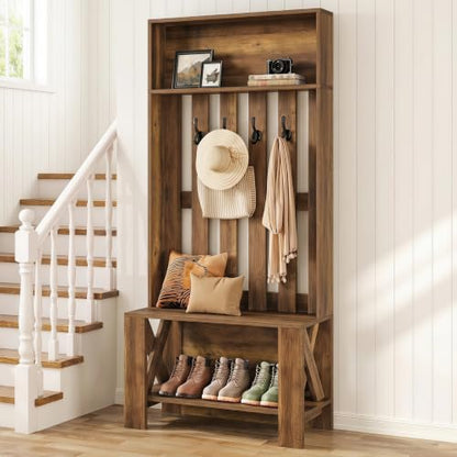 Tribesigns Hall Tree with Bench and Shoe Storage, Farmhouse Entryway Bench with Coat Racks, 70.8" Tall Wooden Freestanding Coat Rack with shoe storage and 4 Hooks for Mudroom, Hallway, Bedroom, Brown