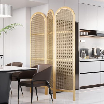 Svimi Room Dividers and Folding Privacy Screens, Pine Wood 5.6 Ft Double Hinged Rattan Partition Freestanding Wall Room Divider for Home - 3 Panels (Natural) - color: Natural