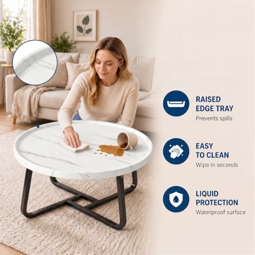 Garvee 19.7 in Round Coffee Table with Wood Surface Top & Sturdy Metal Leg | Small White Center Table, Easy-Clean & Waterproof, Raised Edge Side Table Compact for Apartment, Living Room, Balconies - color: White