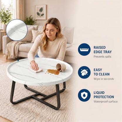 Garvee 19.7 in Round Coffee Table with Wood Surface Top & Sturdy Metal Leg | Small White Center Table, Easy-Clean & Waterproof, Raised Edge Side Table Compact for Apartment, Living Room, Balconies - color: White