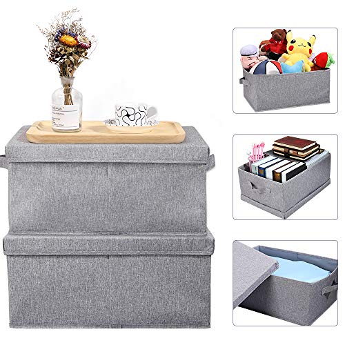 HOONEX Linen Foldable Storage Bins with Lids, 2 Pack, Storage Boxes with Carrying Handles and Sturdy Heavy Cardboard, 16.5" L x 11.8" W x 7.5" H for Shoes, Books, Clothes, Light Grey - color: Light Grey