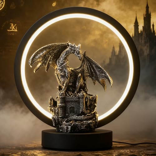 Dragon Lamp Light Fantasy Statue Dungeon and Dragons Gifts ﻿ ﻿ ﻿ | 6.15 inch LED Circle USB Table Lamp Light for Bookshelf/Desk/Bedside/Nightstand,Great for Collectors and Dragon Fans Alike - color: Black