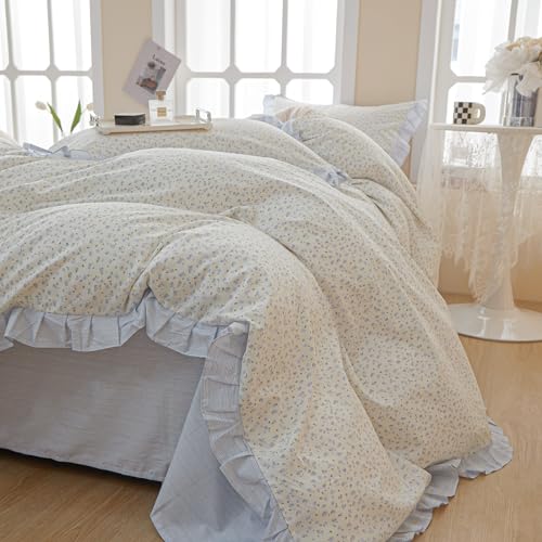 Floral Full Duvet Cover Blue Ruffle Boho Full Comforter Cover Light Weight Cotton Cute Cozy Duvet Cover Set with 2 Pillow Cases Striped Full Size Bedding Set Cottagecore Duvet Protector - color: A Ruffle Floral02, size: Full(Duvet Cover and 2 Pillows Sham
