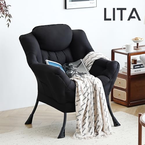 Lazy Chair with Ottoman, Comfy Accent Reading Chair, Black | Foldable Footrest,Removable Cover,with Armrests and Side Pockets,Upholstered Lounge Chair for Bedroom,Dorm,Office,Small Space - color: Single Black