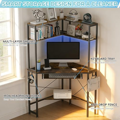Corner Desk with Hutch and LED Light, Keyboard Tray, Rustic Brown - color: Rustic Brown