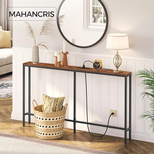 MAHANCRIS 55.1 Skinny Console Table with Power Outlets, 5.9" Slim Sofa Table Behind Couch, Long Entryway Tables, Narrow Sofa Hallway Table, Living Room CTHR145E01 - size: 5.9"D x 55.1"W x 31.7"H