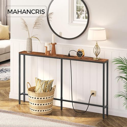 MAHANCRIS 55.1 Skinny Console Table with Power Outlets, 5.9" Slim Sofa Table Behind Couch, Long Entryway Tables, Narrow Sofa Hallway Table, Living Room CTHR145E01 - size: 5.9"D x 55.1"W x 31.7"H