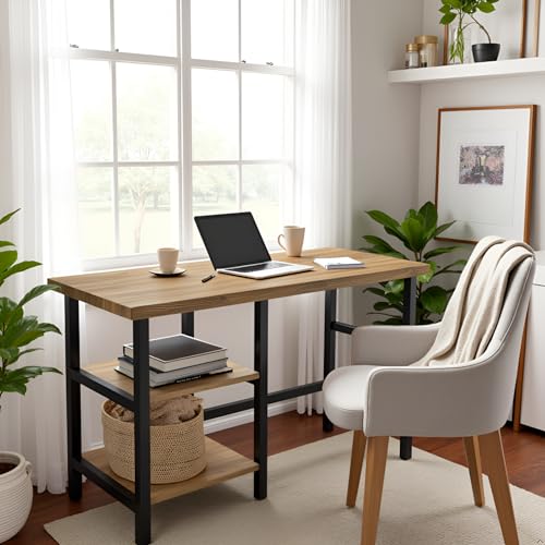Alaterre Furniture Pomona Industrial Study Desk, Natural, 48”x24”x30” | Writing Desk with Solid Pine Wood Top, 2 Open Shelves, Metal Frame, Floor Levelers, For Home Office, Bedroom, or Dorm - style: Desk with Shelves