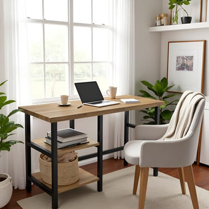 Alaterre Furniture Pomona Industrial Study Desk, Natural, 48”x24”x30” | Writing Desk with Solid Pine Wood Top, 2 Open Shelves, Metal Frame, Floor Levelers, For Home Office, Bedroom, or Dorm - style: Desk with Shelves