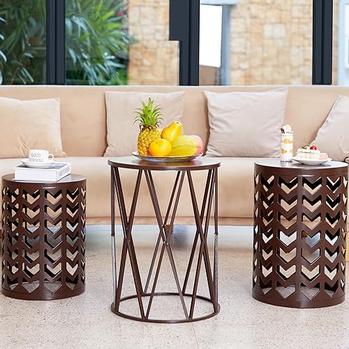 HFHOME Round Nesting Coffee Tables, Set of 3 End Tables for Living Room Balcony Office, Heavy Duty Metal Stacking Side Tables for Home Indoor - Brown - color: Classic Brown