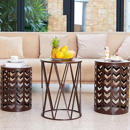 HFHOME Round Nesting Coffee Tables, Set of 3 End Tables for Living Room Balcony Office, Heavy Duty Metal Stacking Side Tables for Home Indoor - Brown - color: Classic Brown