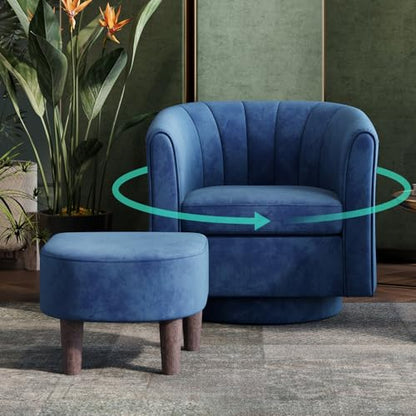 LINSY Small Swivel Accent Chair with Ottoman, Velvet Barrel Chair with Footrest, Modern Upholstered Comfy Reading Chair Armchair for Living Room, Bedroom, Study Room, Office, Blue - color: Blue, size: Small