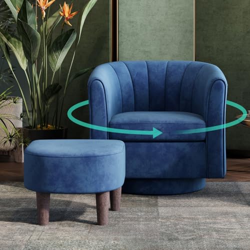 LINSY Small Swivel Accent Chair with Ottoman, Velvet Barrel Chair with Footrest, Modern Upholstered Comfy Reading Chair Armchair for Living Room, Bedroom, Study Room, Office, Blue - color: Blue, size: Small