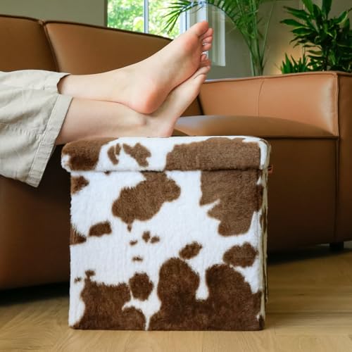 Luxe Faux Fur Storage Ottoman, Cowhide Brown/White, 15 x 15 x 15 in | Engineered Wood, Tool-Free Assembly, Modern Style, Seat And Footrest - color: Cowhide Brown/White, size: 15"D x 15"W x 15"H