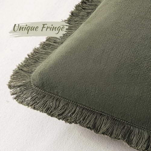 MIULEE Boho Linen Decorative Lumbar Throw Pillow Covers Olive Green 12x20 | Set of 2, Cottagecore Decor, Boho Farmhouse Neutral Pillow Covers, Rustic Fringe Couch Cushions for Sofa Bed Living Room - color: Olive Green, size: 20" x 12" (Pack of 2)