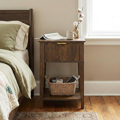 FuniXpress Small Nightstand, 15" Wide, Drawer and Shelf, Dark Walnut Fluted | Deep walnut tone, clean fluted front, 11.8-inch slim depth, smart storage, fits bedside, sofa side, or small spaces - color: Dark Walnut
