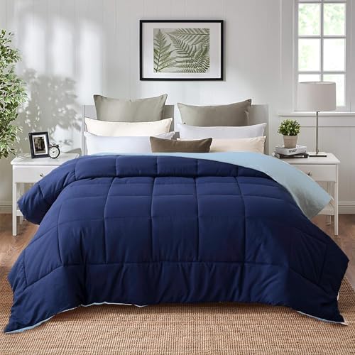 EVOLIVE Microfiber Reversible All Season Comforter Twin (Navy/Light Blue) | Soft brushed microfiber with down-alternative fill offers medium-weight warmth, box stitching, and easy machine care - color: Navy/Light Blue, size: Twin