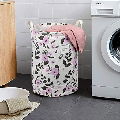 UUJOLY Collapsible Laundry Basket, Laundry Hamper with Handles Waterproof Round Cotton Linen Laundry Hamper Printing Household Organizer Basket, 19.7x15.7 inches, Purple