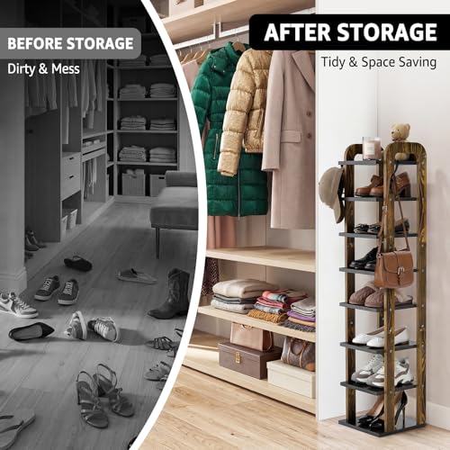 Wooden 8 Tiers Vertical Shoe Rack | Shoe Storage with Hooks, Shoe Organizer for Small Spaces, Space Saving for Entryway, Closet, Living Room, Bedroom, Front Door