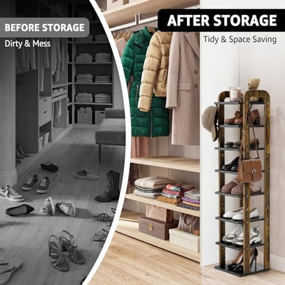 Wooden 8 Tiers Vertical Shoe Rack | Shoe Storage with Hooks, Shoe Organizer for Small Spaces, Space Saving for Entryway, Closet, Living Room, Bedroom, Front Door