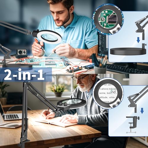 HITTI 12X & 30X Magnifying Glass with Light, Infinite Color and Brightness Desk Lamp & Clamp, 2-in-1 LED Lighted Magnifier Stand for Craft Reading Hobby Soldering Puzzle (12X & 30X Ring Base & Clamp) - size: 12X & 30X Ring Base & Clamp