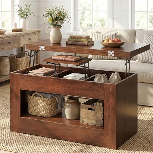 UNIQUITE 40" Lift Top Coffee Table, 4 in 1 Multi-Function Lift Coffee Tables with Storage and Hidden Compartment, Convertible Wood Coffee Tables to Dining Table for Living Room, Walnut - color: Walnut