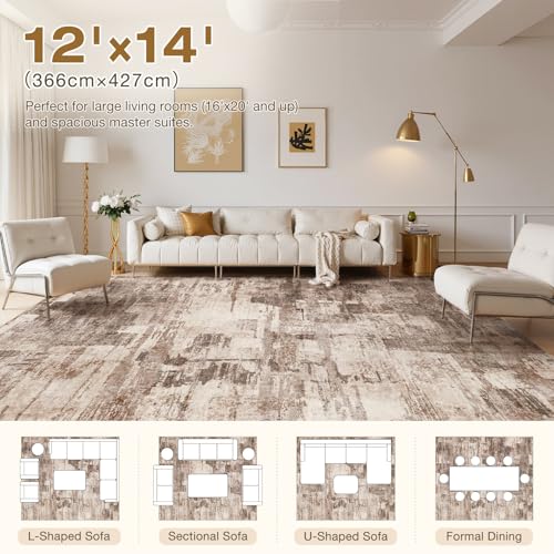 kakania Abstract 12x14 Area Rugs for Living Room: Washable Rugs Brown | Soft, Non-Slip, Low-Pile, Pet & Kid Friendly - Large Modern Home Decor Carpet for Bedroom/Dining Room/Office/Nursery - color: Brown, size: 12' x 14' (Rectangular)