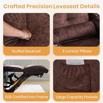 Power Reclining Loveseat with Flip Backrest, Power Loveseat Recliner Sofa with LED Lights, Bluetooth Speaker, 3-Seater Recliner Sofa with Arm/Seat Storage (Brown, Loveseat with Console) - color: Brown, size: Loveseat with Console