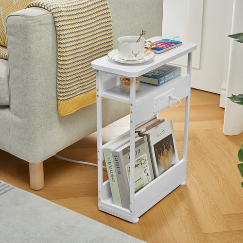 YEAKOO Narrow Side Table with Charging Station, 3-Tier End Table with 2 USB Ports & Power Outlets,Thin Sofa Side Table for Narrow and Small Spaces, Bedside Table Nightstand for Living Room,White - color: White