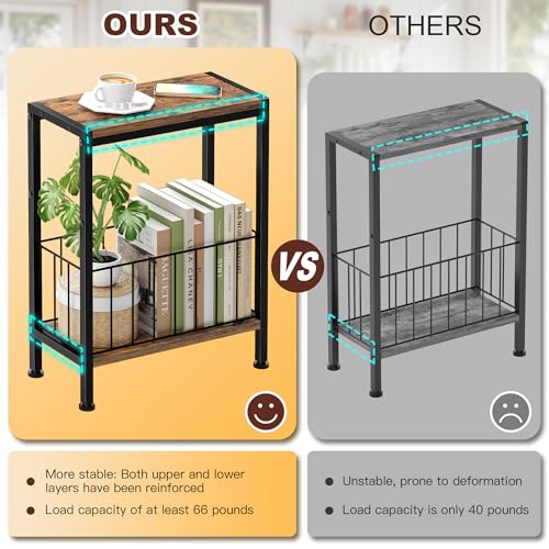 Narrow Side Table, Skinny End Tables with Magazine Holder, Small Sofa Table for Small Spaces, Space-Saving Design, Slim Nightstand Bedside Table for Living Room, Bedroom, Office, Rustic Brown - color: Rustic Brown