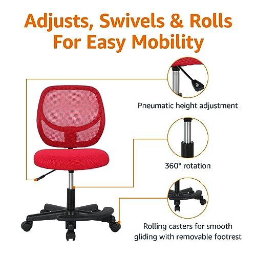 Amazon Basics Kids Adjustable Height Mesh Low-Back Swivel Desk Chair with Footrest, Rolling Computer Task Study Chair, Breathable, Red - color: Red