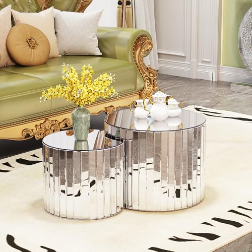 33.87'' Small Round Coffee Table for Living Room, Modern Luxury Mirror Handcraft Wood Nesting Coffee Table No Assembly, Silver - color: 33.87in-silver