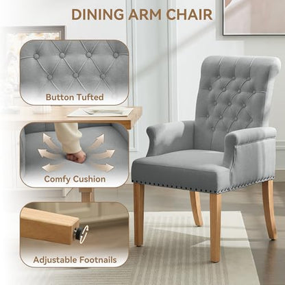 Dining Chair with Arms, Upholstered High Back Dining Room Chairs, Grey | Set of 2, Linen Fabric Dining Chairs, Tufted Armchair with Solid Wood Leg, Nailhead Trim, Comfortable Parson Kitchen Chairs - color: Light Grey, size: 2 PCS