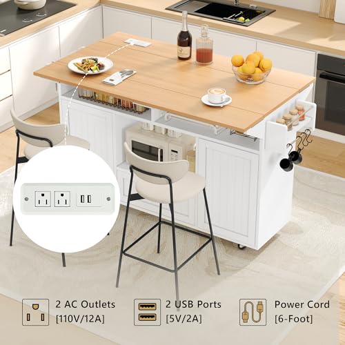 Einhomn 65" Kitchen Island with Drop Leaf, Island Table for Kitchen on Wheels with Trash Can Storage and Power Outlet, White - style: White