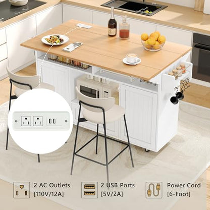Einhomn 65" Kitchen Island with Drop Leaf, Island Table for Kitchen on Wheels with Trash Can Storage and Power Outlet, White - style: White