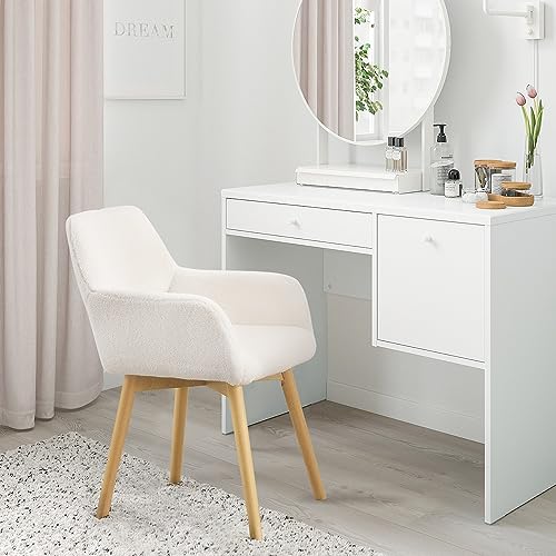 Desk Chair No Wheels Vanity Chair Makeup Chair Comfy Accent Chair for Living Dining Room Bedroom Home Office Mid Century Modern Upholstered Armchair Sofa with Wood Legs (Wool White, 1) - color: Wool White