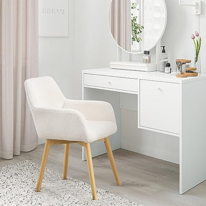 Desk Chair No Wheels Vanity Chair Makeup Chair Comfy Accent Chair for Living Dining Room Bedroom Home Office Mid Century Modern Upholstered Armchair Sofa with Wood Legs (Wool White, 1) - color: Wool White