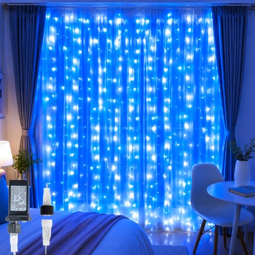 HEYFUNi Fairy Curtain Lights Plug in, 304 LED 9.8FT x 9.8FT, Blue & White | 8 Modes Backdrop Window Lights for Bedroom, Hanging String Lights for Christmas, Party, Patio, Lawn, Garden, Wedding Decor - color: Blue+White, size: 9.8ft*9.8ft
