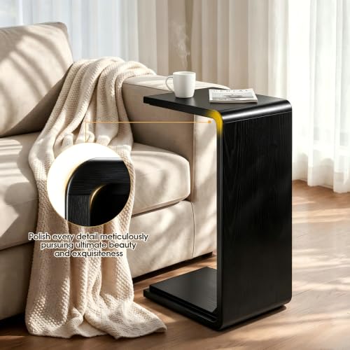 Solid Wood C Shaped Sofa Side Table, Small End Table for Couch, Modern Simple Narrow Table for Small Spaces, Mini Coffee Table for Living Room, Bedroom, Bedside (Black) - color: Black