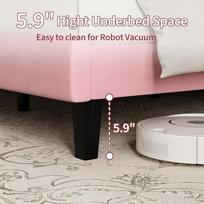 Garvee Twin Size Bed Frame with Upholstered Headboard for Kids, Pink | Fully Velvet Upholstered Mattress Foundation with Height Adjustable Headboard, No Box Spring Needed, Easy Assembly - color: Pink, size: Twin