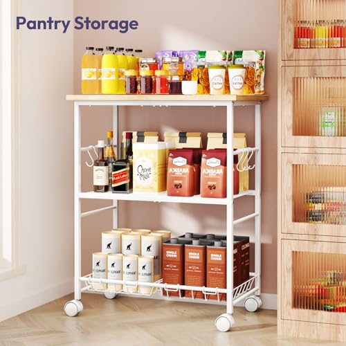 SWTYMIKI Rolling Kitchen Microwave Cart - 3 Tier Microwave Table Stand with Storage Basket and Hooks, Kitchen Utility Cart on Wheels, Coffee Cart Shelf Rack Organizer for Living Room Office, Balcony - color: White