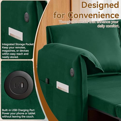 63" 3-in-1 Velvet Convertible Sleeper Sofa Bed, Modern Adjustable Backrest Loveseat Pull Out Couch with USB & Side Pocket, Small Space Love Seat Sofa Bed for Living Room, Bedroom, Green Velvet - color: Green