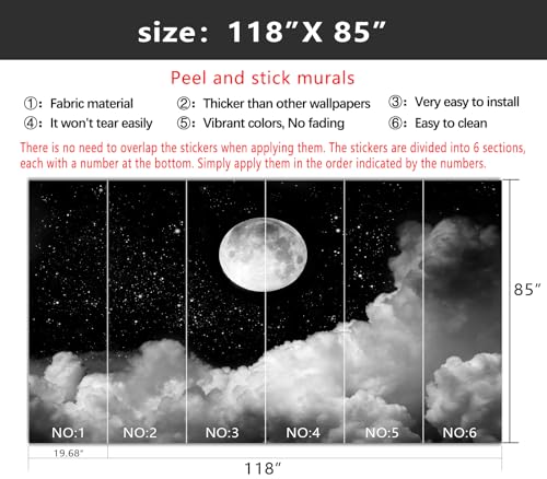 YIHWM-Peel and Stick Galaxy Wallpaper Moon Clouds Black Starry Sky Mural | Tear-resistant,with a substantial feel;Will not be damaged during repositioning.Boy's Room,kids room wallpaper.M-118"x85" - color: Yh15, size: 118"x85"