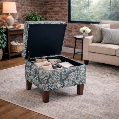 HomePop 22" Modern Rectangular Storage Ottoman - Blue Denim Jacobean Print - color: Blue Denim Jacobean Print